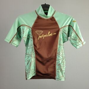 JET PILOT // rashie rash guard short sleeved mock neck mint & brown grap…